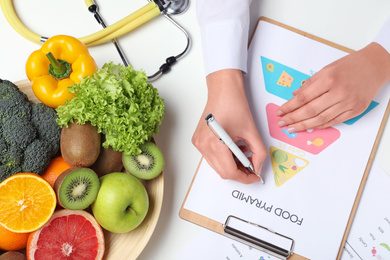 Female nutritionist with food pyramid chart at table, top view