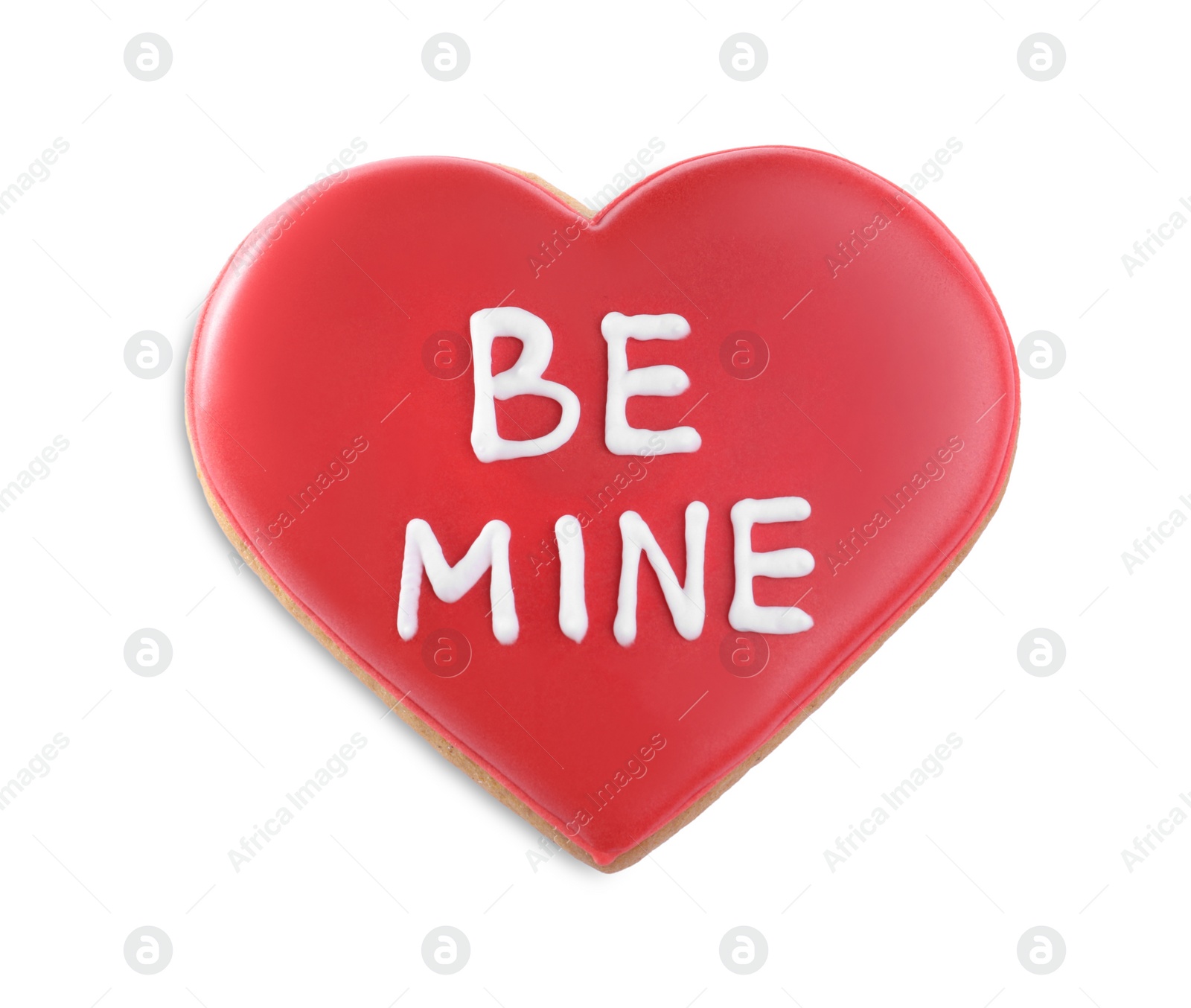 Photo of Delicious heart shaped cookie with phrase Be Mine isolated on white, top view. Valentine's Day