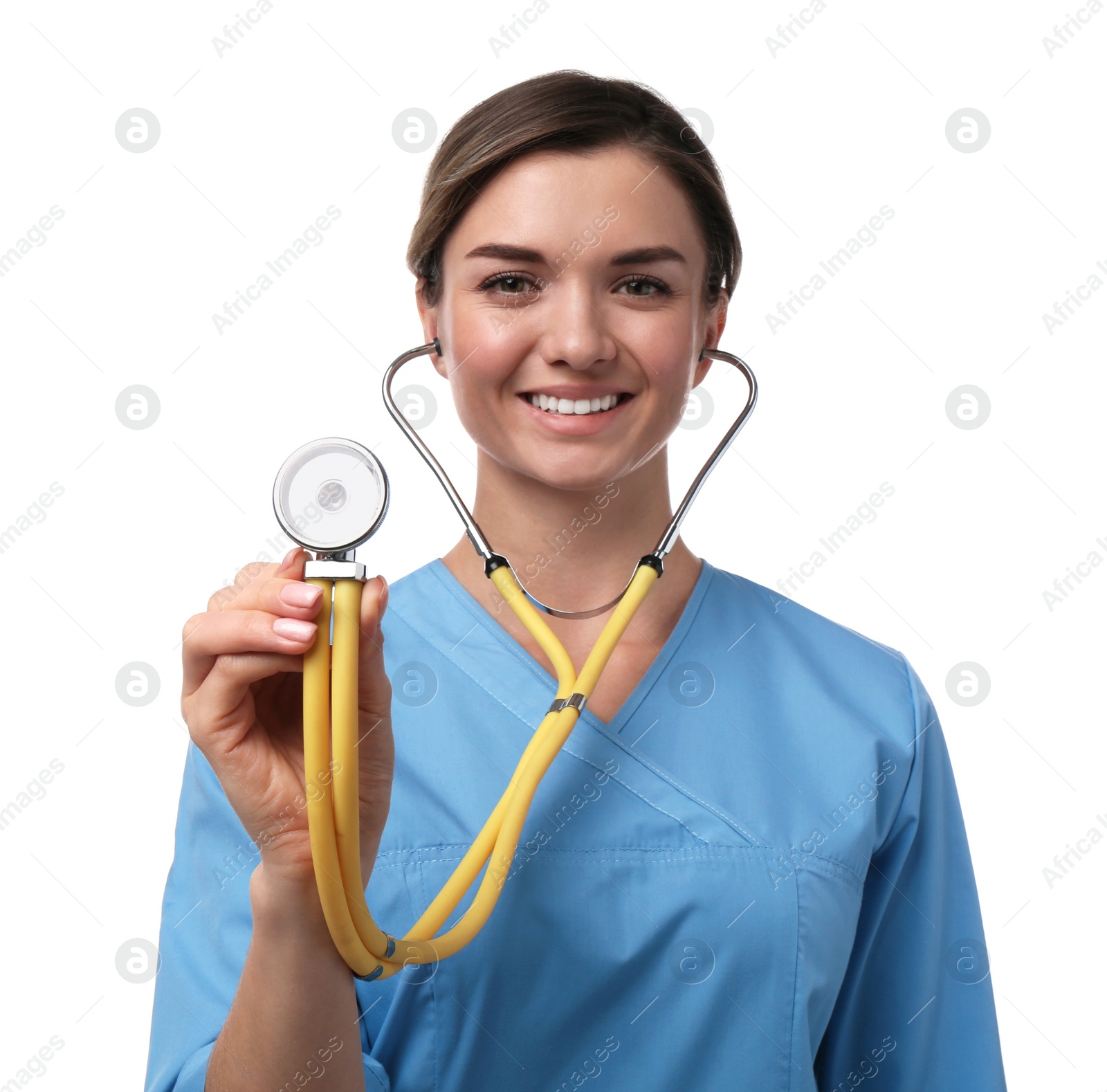 Photo of Doctor with stethoscope on white background. Cardiology concept