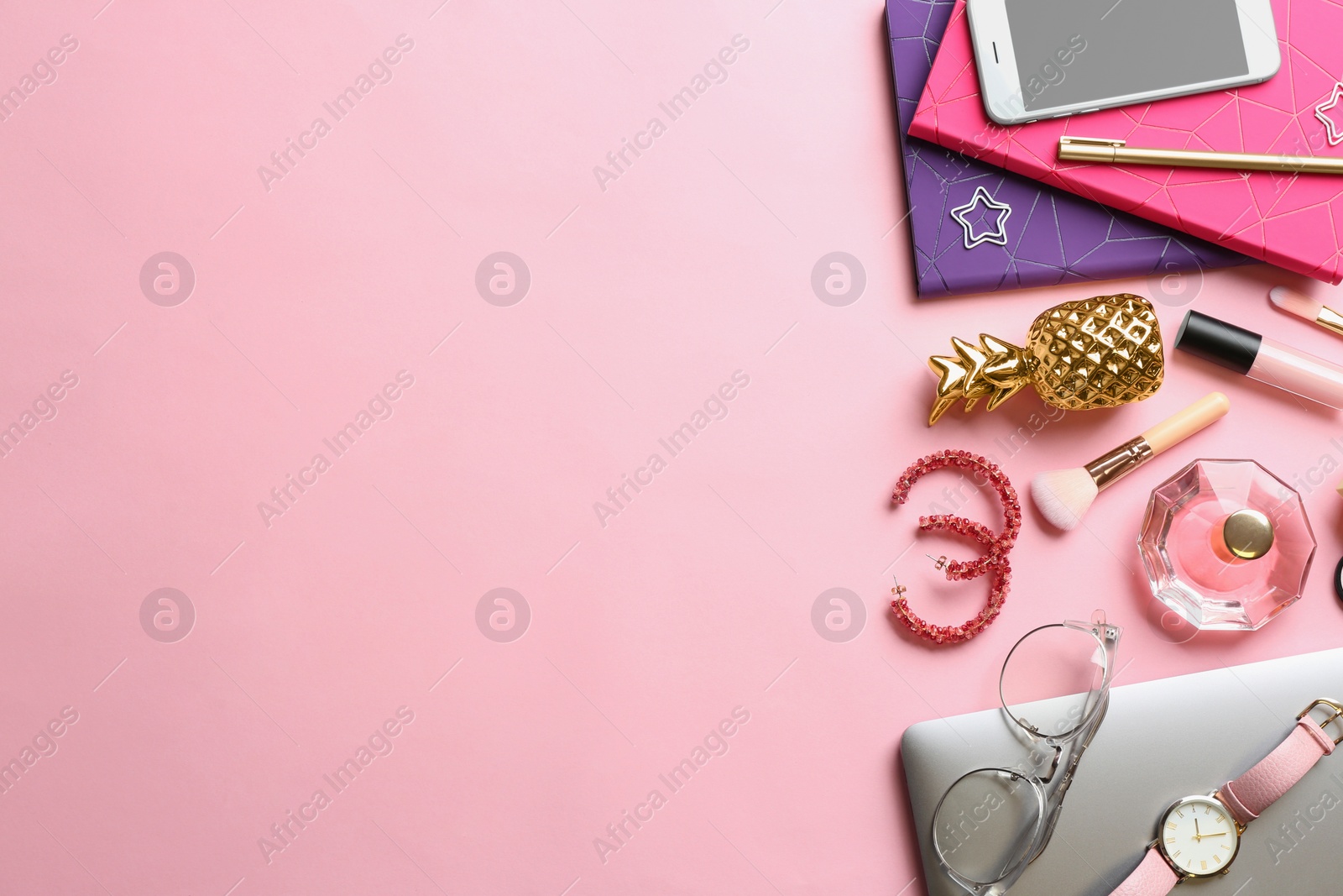 Photo of Flat lay composition with makeup products and stylish accessories on color background, space for text. Professional blogger