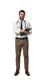 Photo of Portrait of happy doctor with stethoscope and clipboard on white background