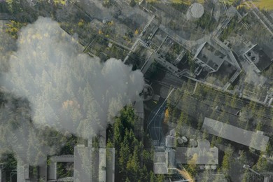 Environmental pollution. Dense forest and industrial factory with emissions, double exposure