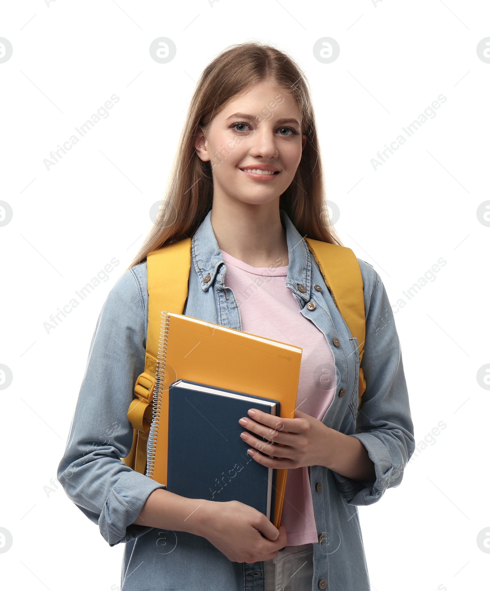 Photo of Teenage student with backpack and stationery on white background