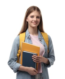 Teenage student with backpack and stationery on white background