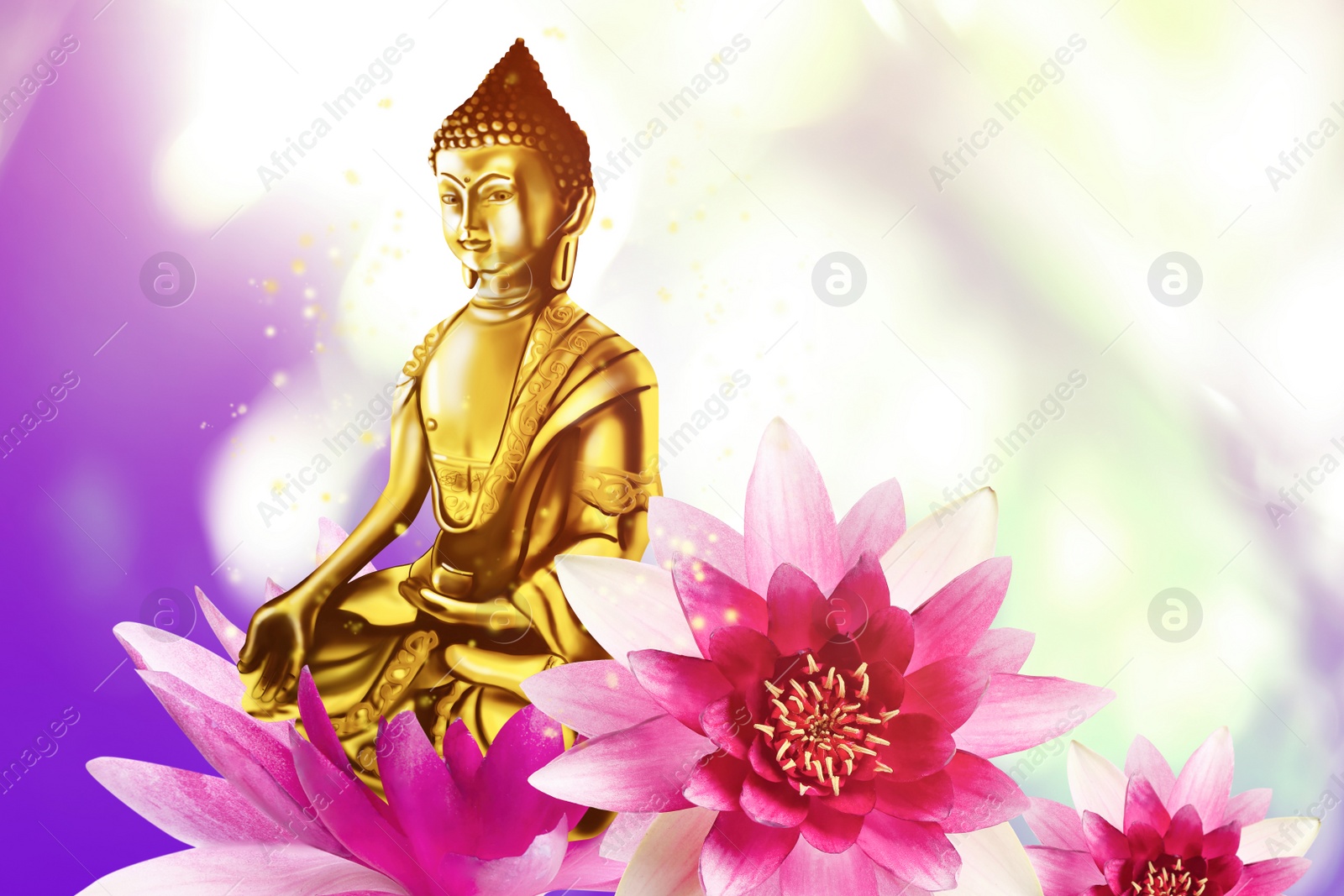 Image of Buddha figure and lotus flowers on bright background 