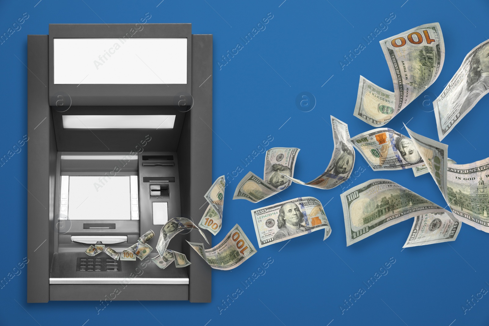 Image of Modern automated cash machine and flying money on blue background