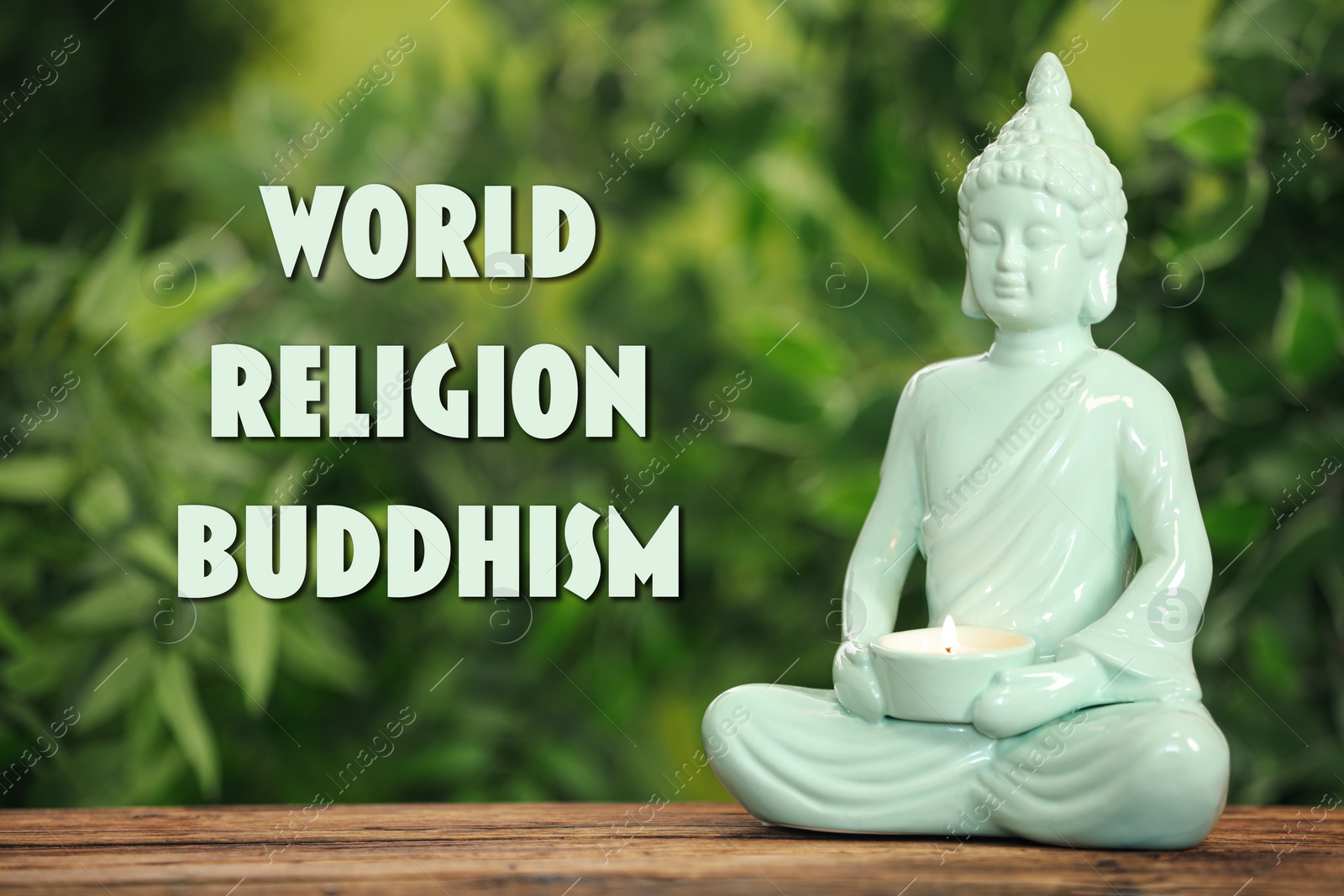 Image of Buddha statue with burning candle on wooden table and text World Religion Buddhism