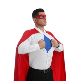 Photo of Businessman in superhero cape and mask taking shirt off on white background