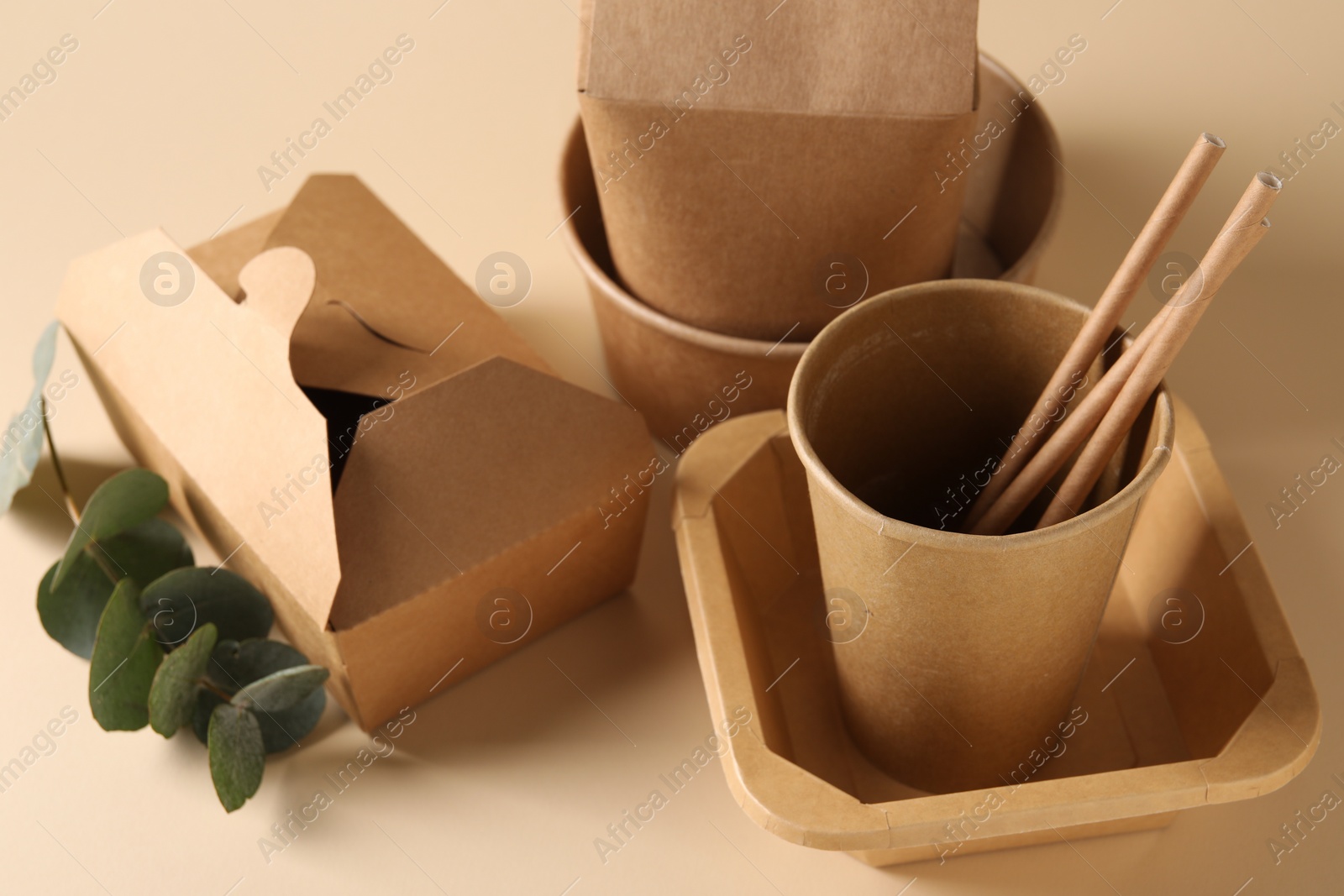 Photo of Eco friendly food packaging. Paper containers, straws and eucalyptus branch on beige background, closeup