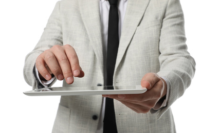 Photo of Businessman using tablet computer on white background, closeup