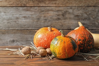 Photo of Different pumpkins with space for text against wooden wall. Autumn holidays