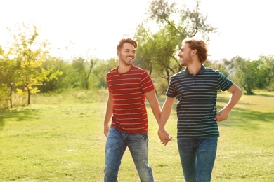 Photo of Happy gay couple walking in countryside on sunny day