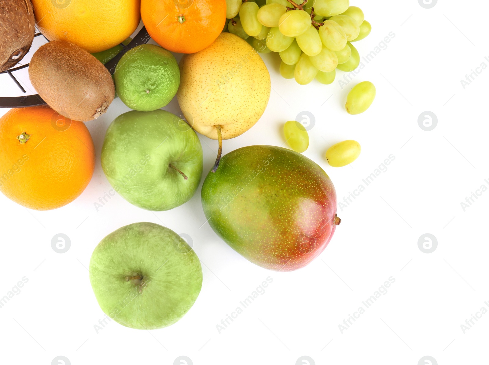 Photo of Set of fresh tropical fruits on white background