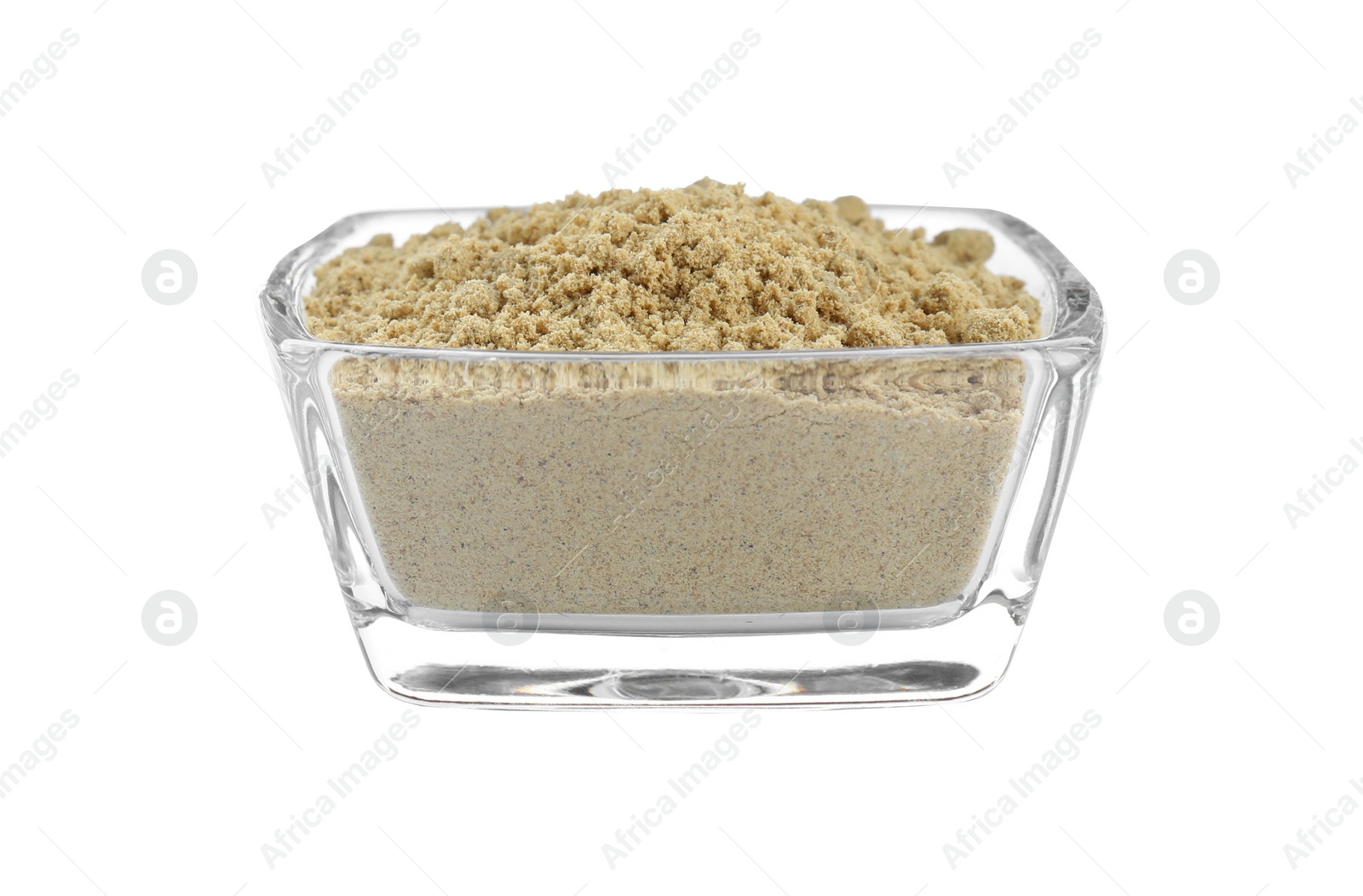 Photo of Aromatic mustard powder in glass bowl on white background