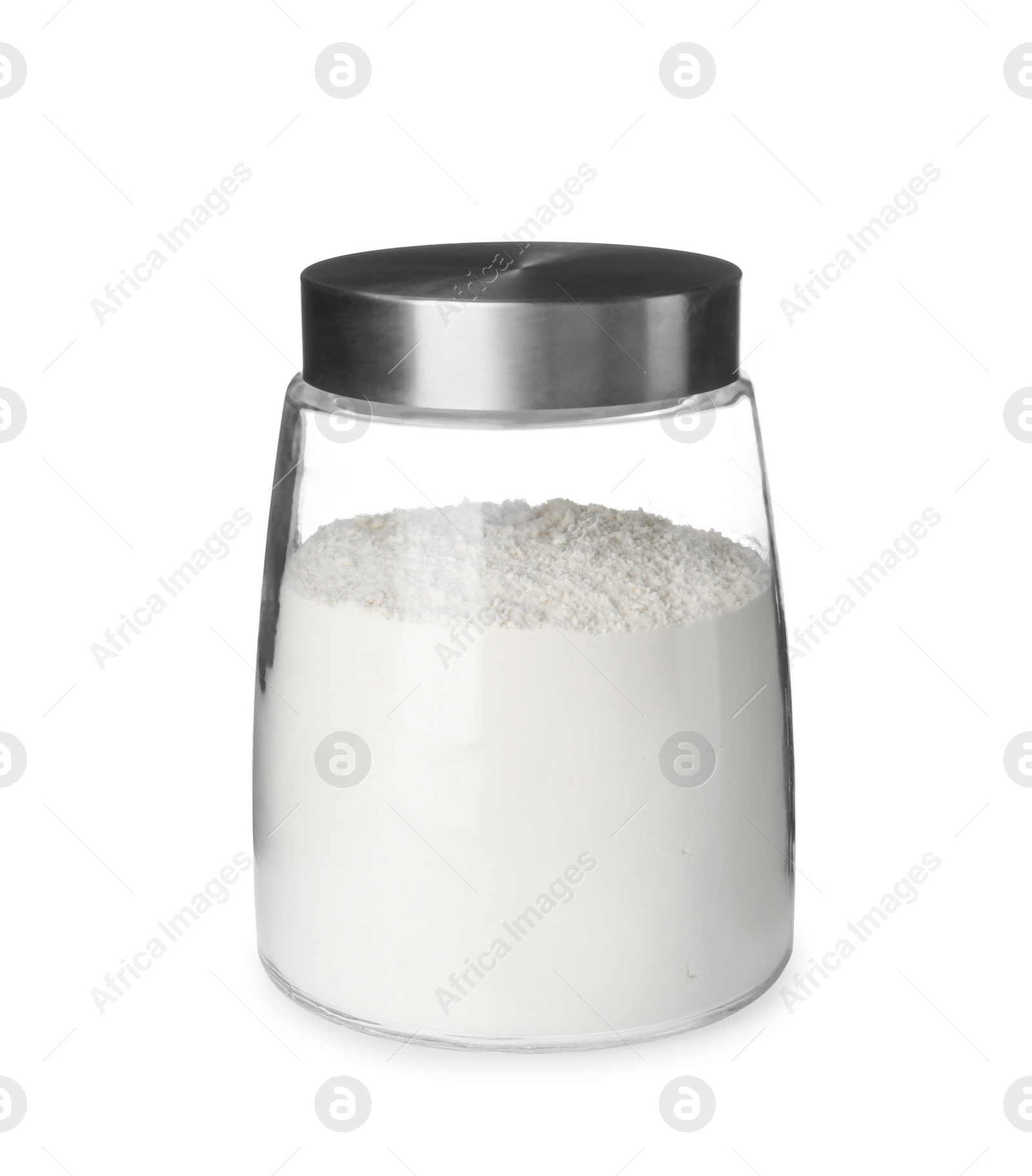 Photo of Organic flour in glass jar isolated on white