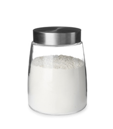 Organic flour in glass jar isolated on white