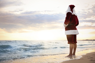 Photo of Santa Claus on beach, space for text. Christmas vacation
