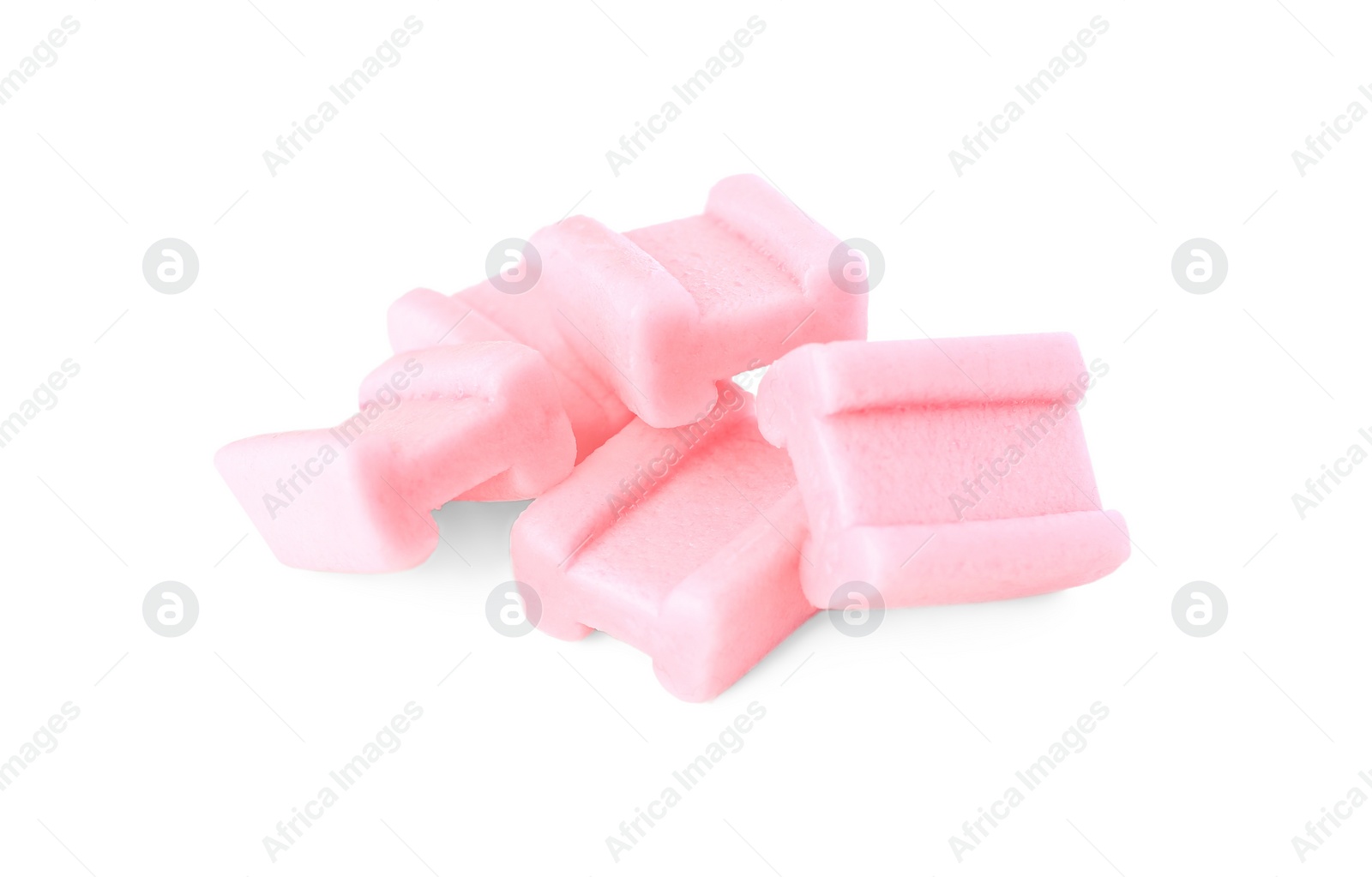 Photo of Tasty pink chewing gums isolated on white