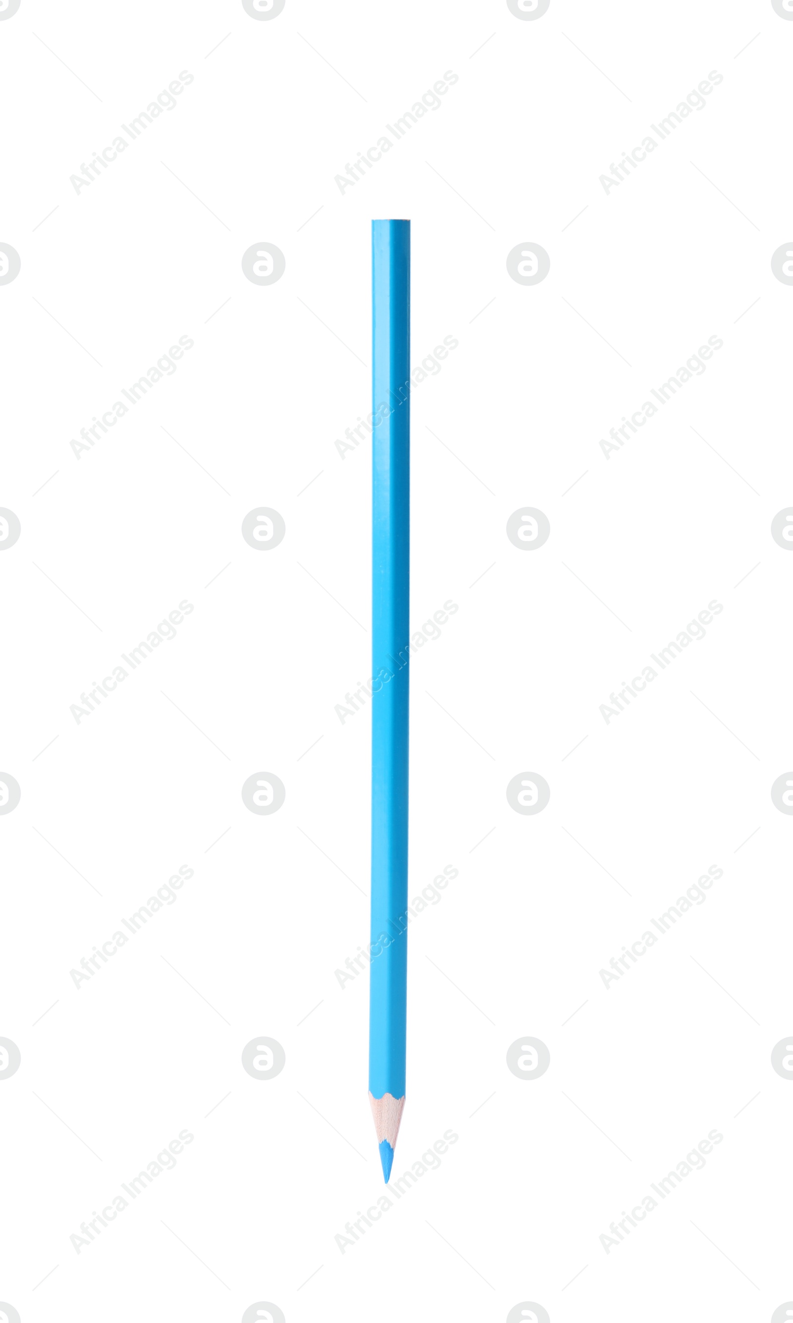 Photo of Light blue wooden pencil on white background. School stationery