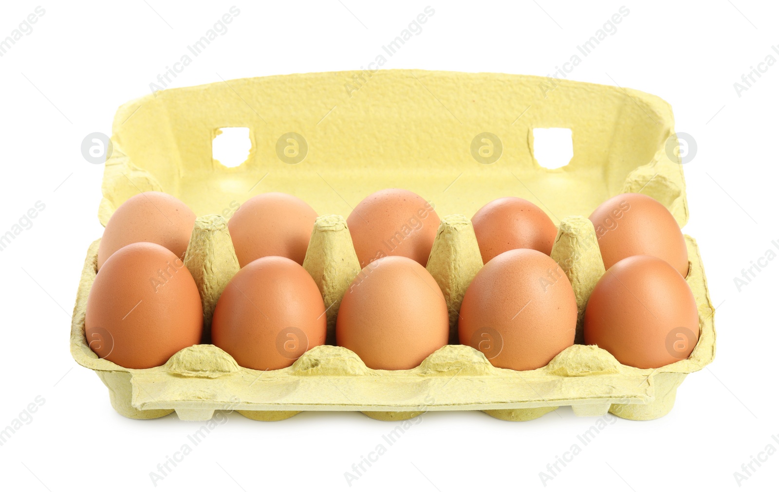 Photo of Chicken eggs in carton isolated on white