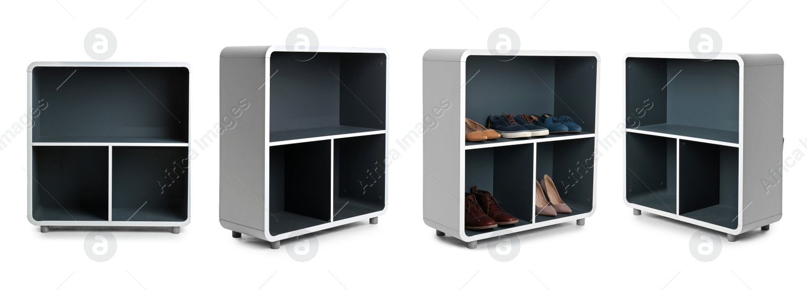 Image of Collage of shelving units on white background. Banner design