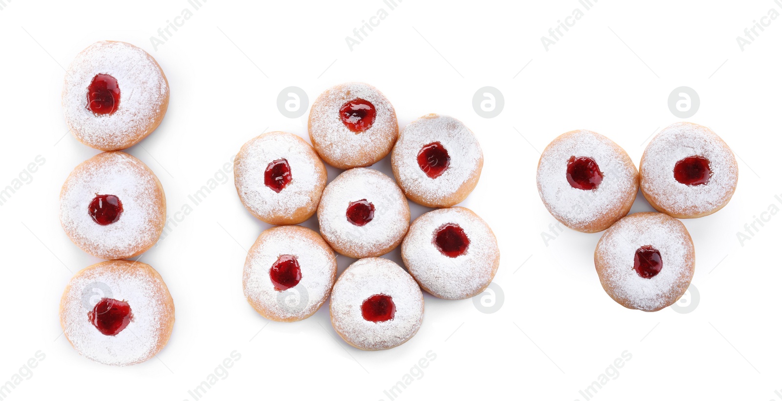 Image of Set of Hanukkah doughnuts with jelly and sugar powder on white background, top view
