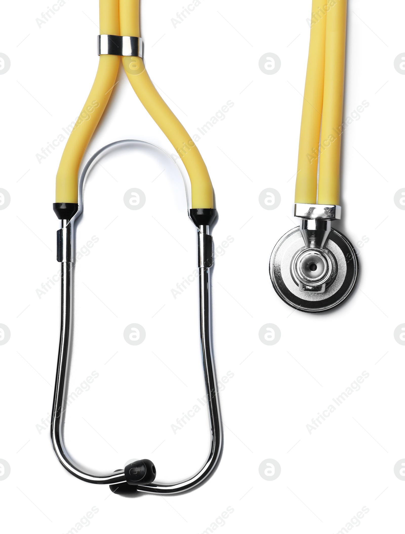 Photo of Stethoscope for checking pulse on white background, top view. Space for text