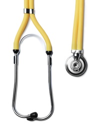 Stethoscope for checking pulse on white background, top view. Space for text