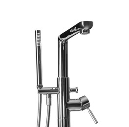 Modern bathtub water tap with hand shower on white background