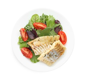 Photo of Tasty cod served with salad isolated on white, top view
