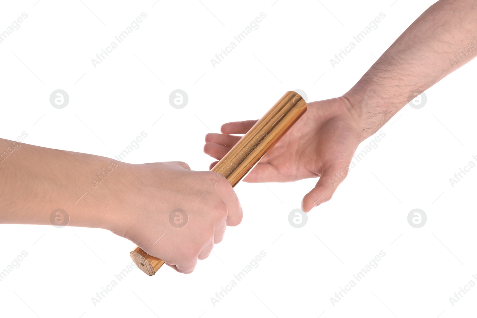 Photo of Man passing relay baton to teammate isolated on white, closeup