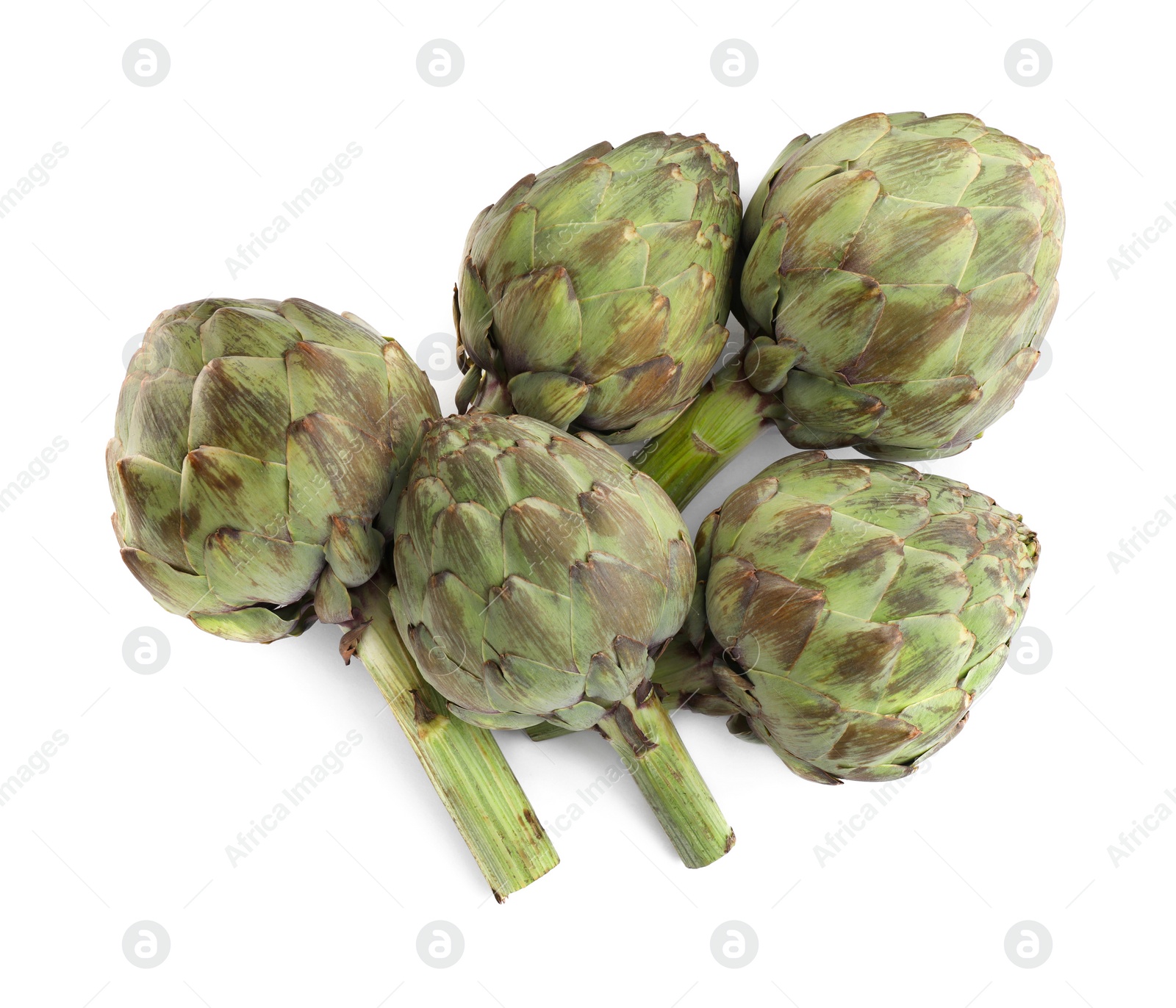 Photo of Whole fresh raw artichokes on white background, top view