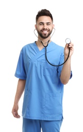 Photo of Young male doctor in uniform isolated on white