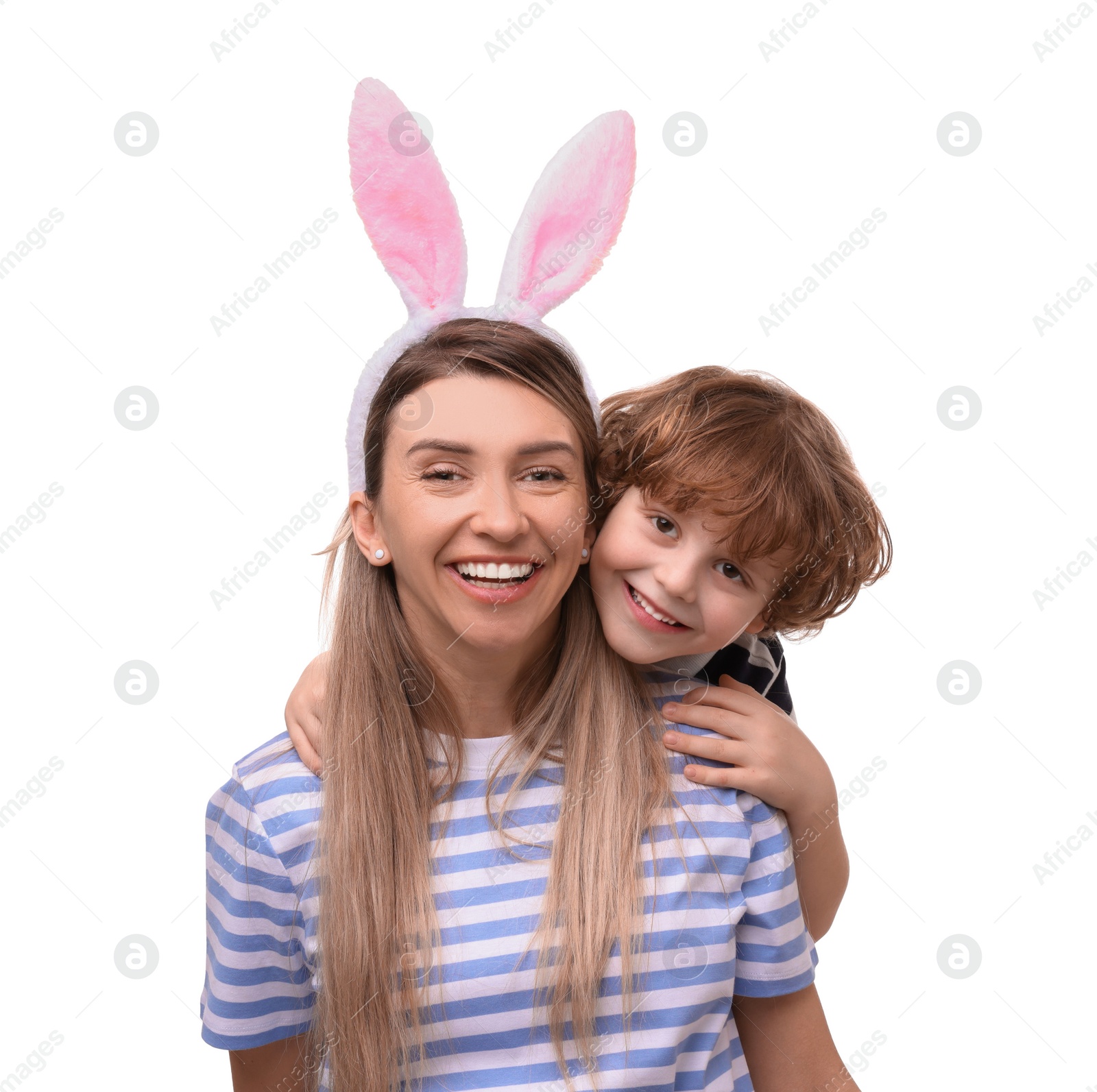 Photo of Easter celebration. Mother and her cute little son with bunny ears isolated on white