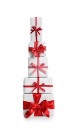 Photo of Beautifully wrapped gift boxes on white background