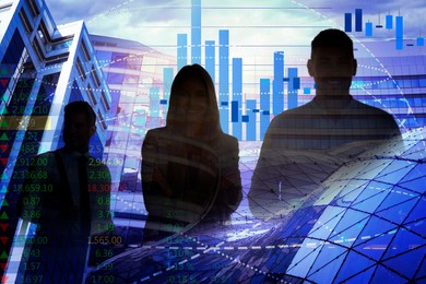 Image of Multiple exposure with silhouettes of businesspeople, graphs, data and buildings