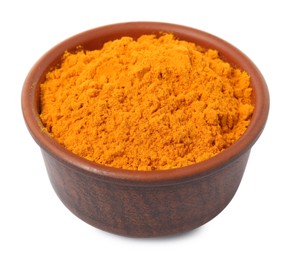 Aromatic saffron powder in bowl on white background