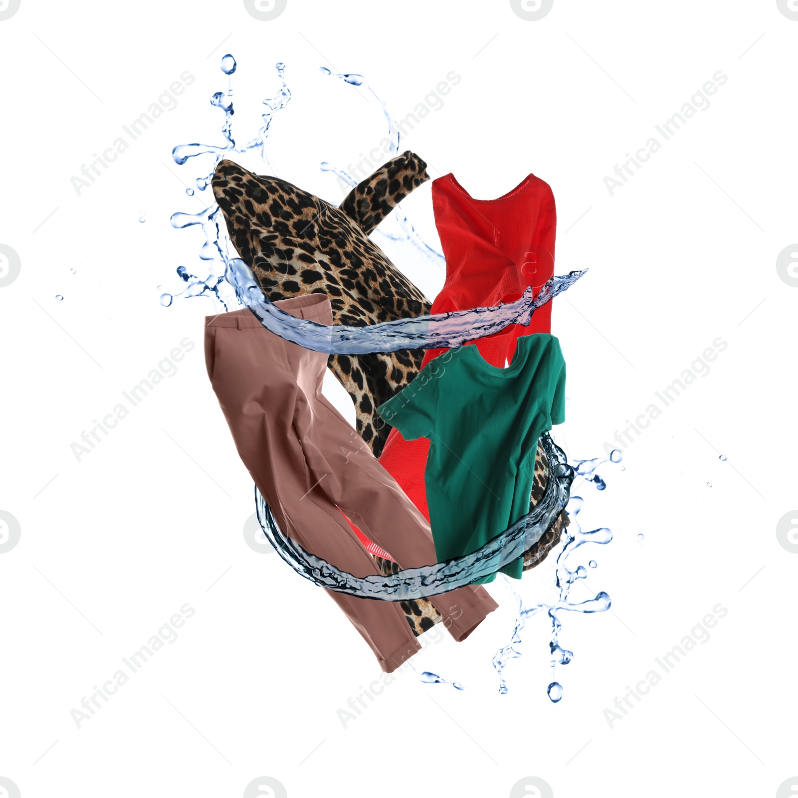 Image of Water splash with different clothes isolated on white