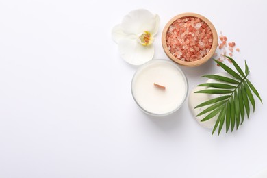 Photo of Flat lay composition with different spa products on white background, space for text