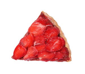 Photo of Piece of delicious strawberry tart isolated on white, top view