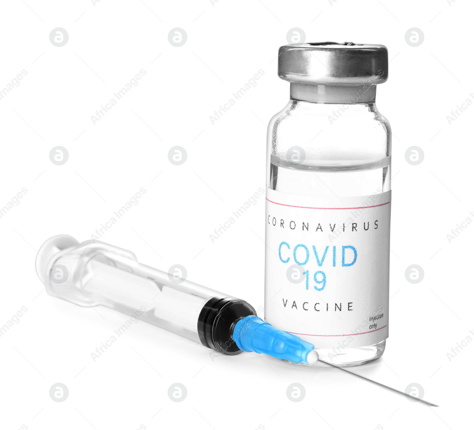 Photo of Vial with vaccine against coronavirus and syringe on white background