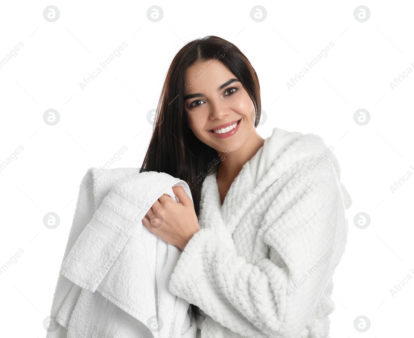 Photo of Young woman drying hair with towel on white background