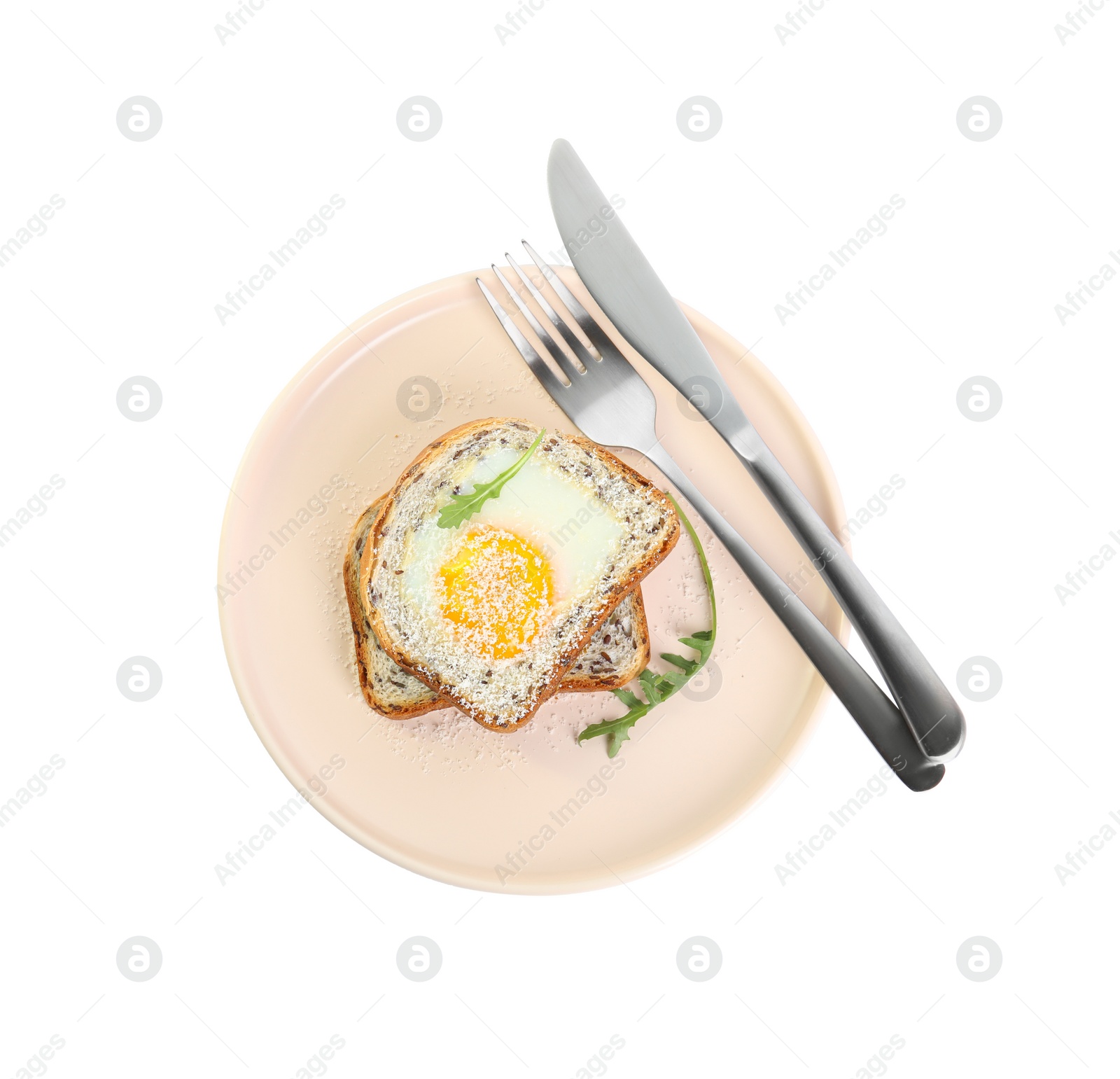 Photo of Delicious breakfast with fried egg, bread and arugula on white background, top view