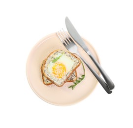 Photo of Delicious breakfast with fried egg, bread and arugula on white background, top view