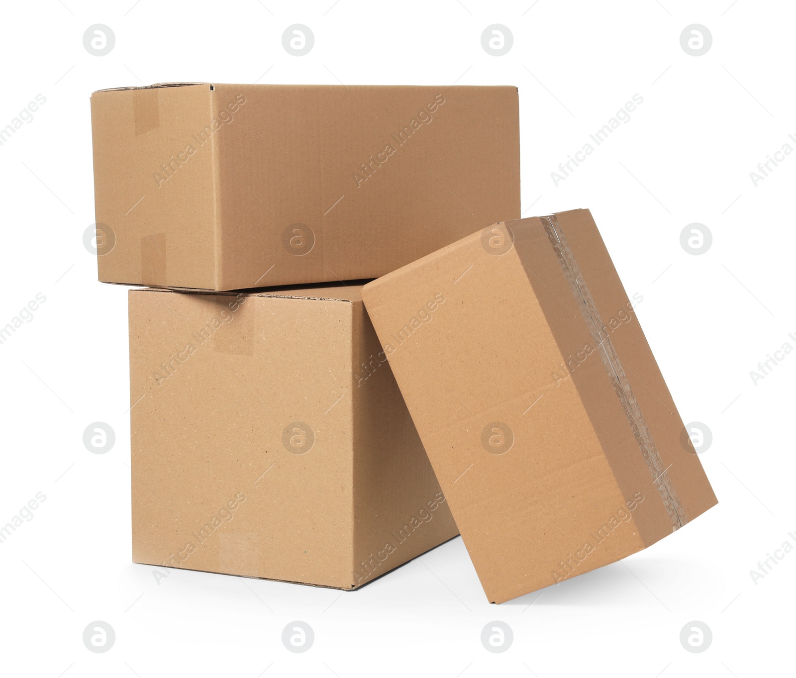 Photo of Many closed cardboard boxes on white background. Delivery service