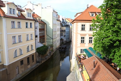 PRAGUE, CZECH REPUBLIC - APRIL 25, 2019: Certovka canal or Little Venice with beautiful buildings