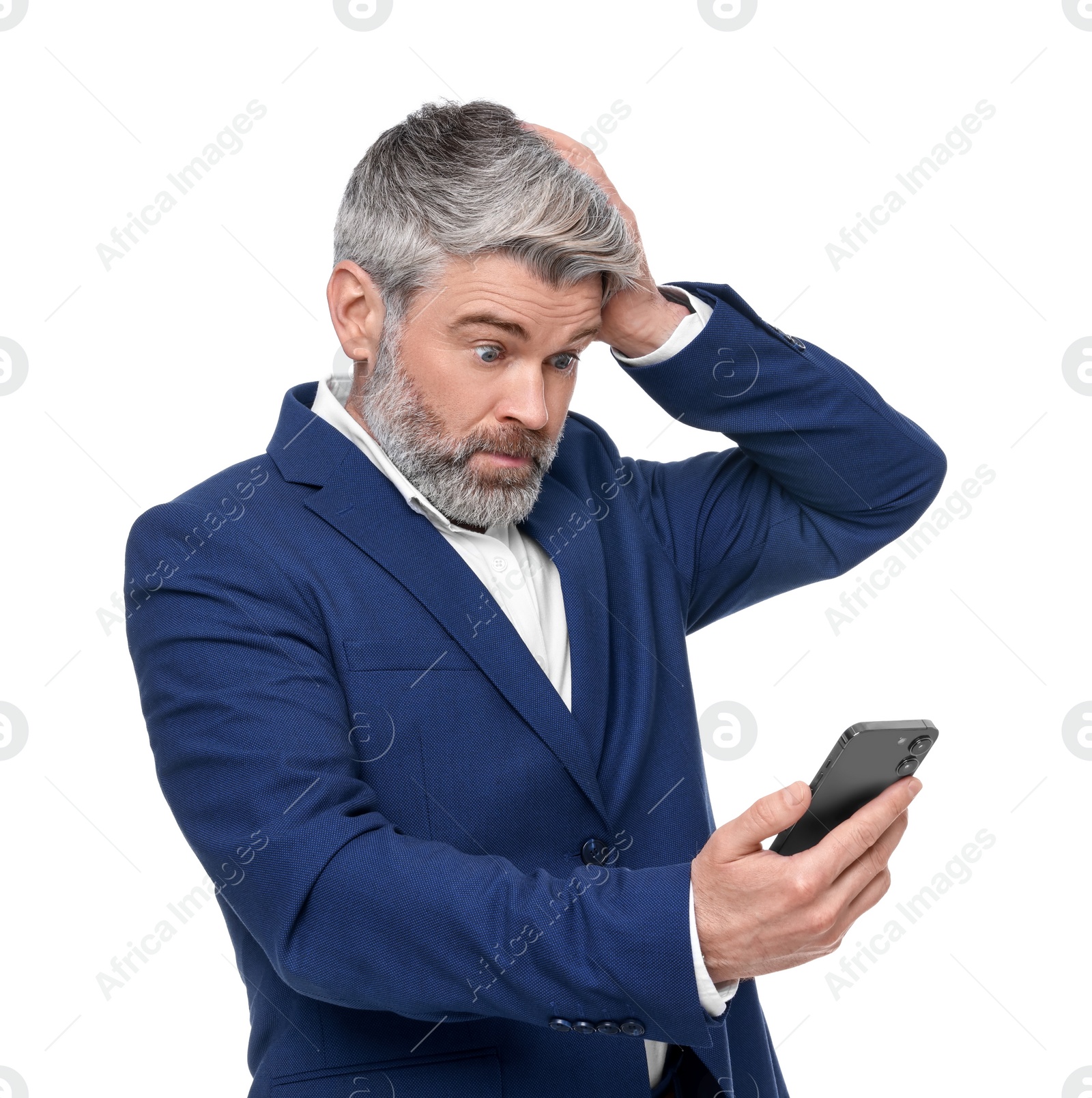 Photo of Emotional mature businessman in stylish clothes with smartphone on white background