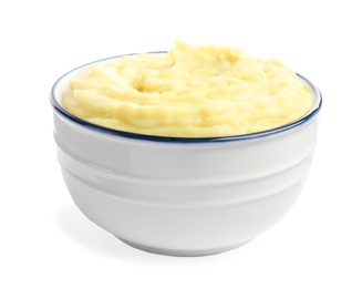 Photo of Bowl of tasty mashed potatoes isolated on white