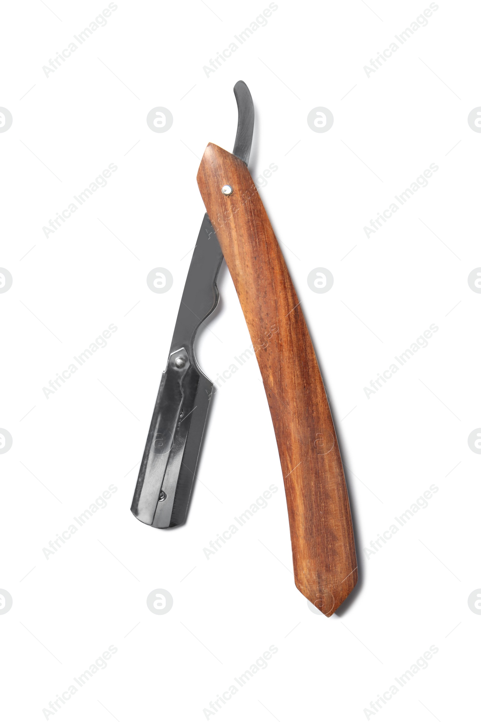 Photo of Straight razor isolated on white, top view. Shaving accessories for men