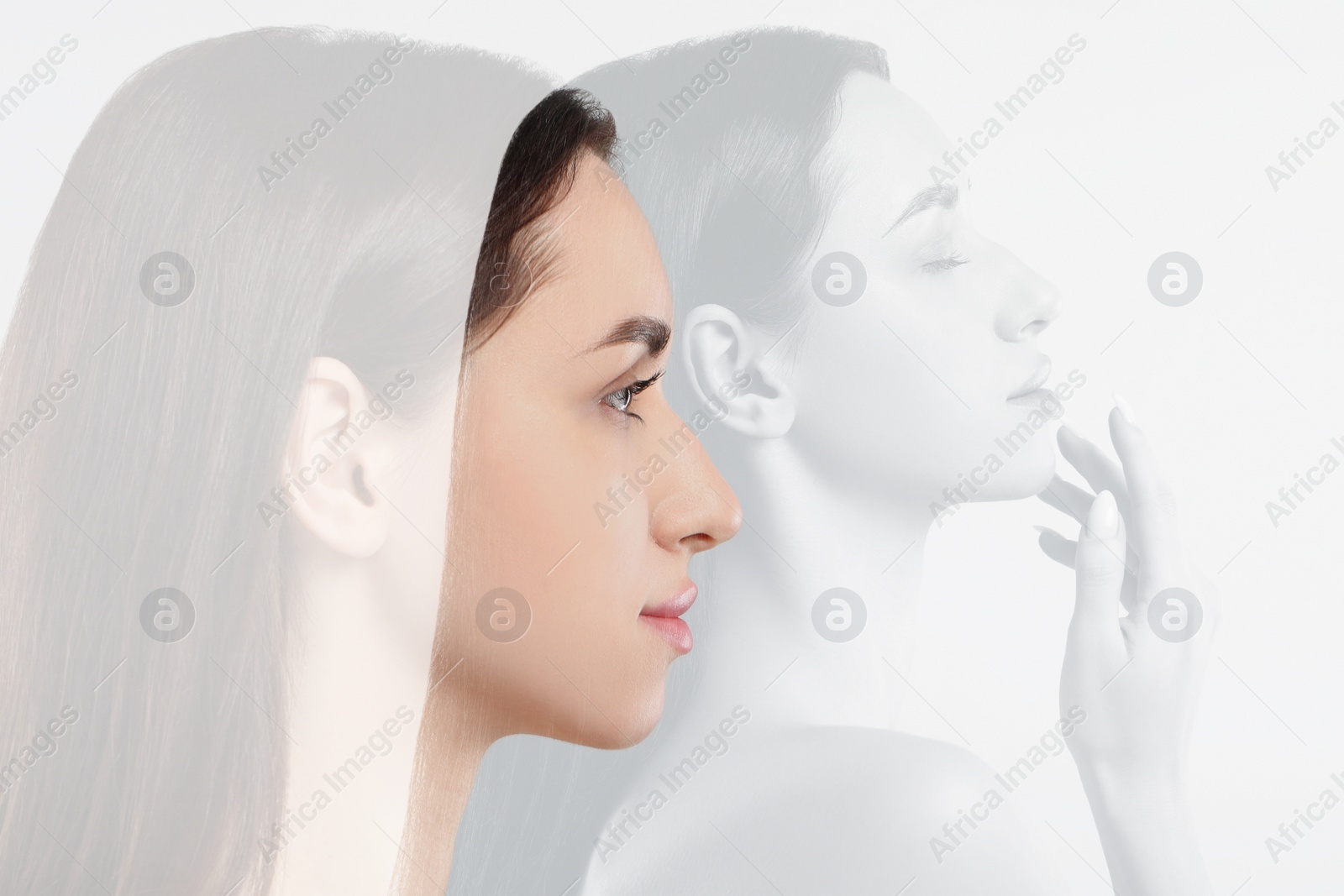 Image of Double exposure of beautiful young woman on white background